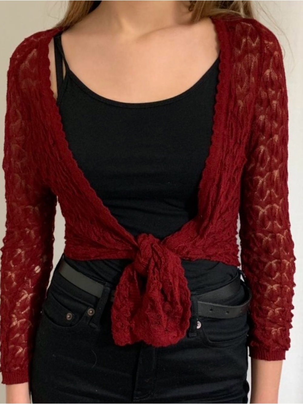PrettyLittleThing Burgundy Tie-Front Open Knit Cardigan